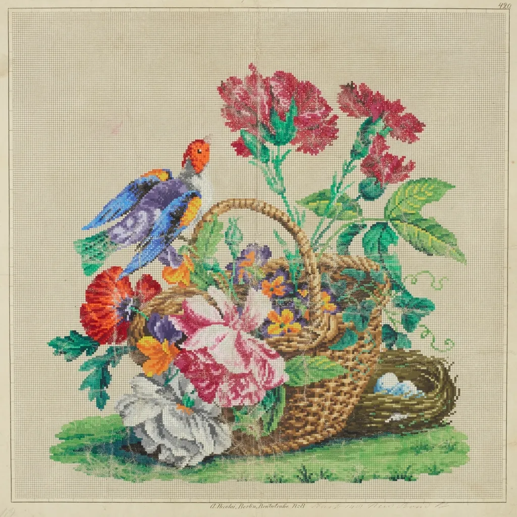 A 19th-century needlework chart hand-painted square by square on graph paper: a bird, a basket of flowers and a nest of eggs