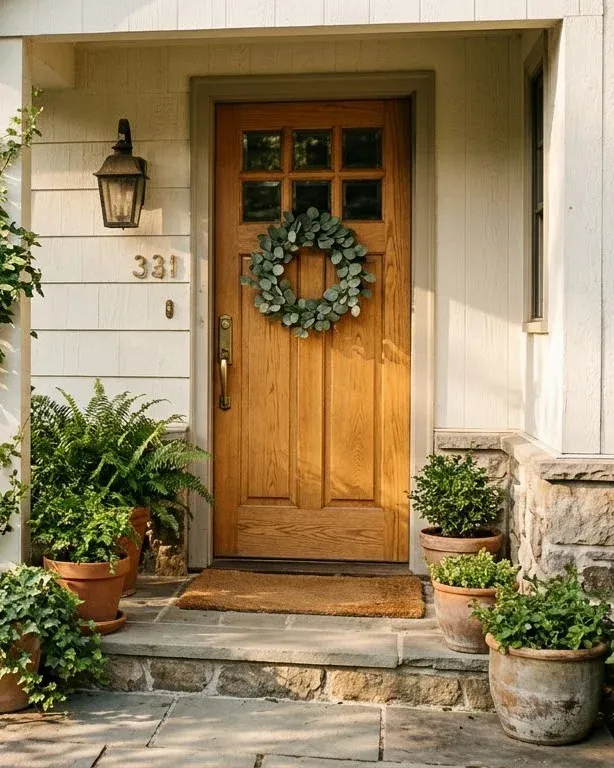 A wooden front door with a eucalyptus wreath, a lantern and potted plants
